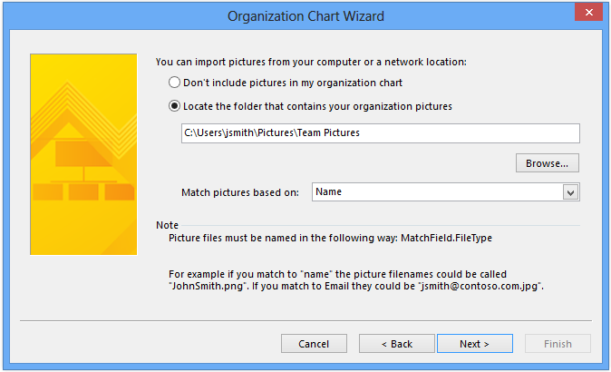 Visio org chart wizard local photo import